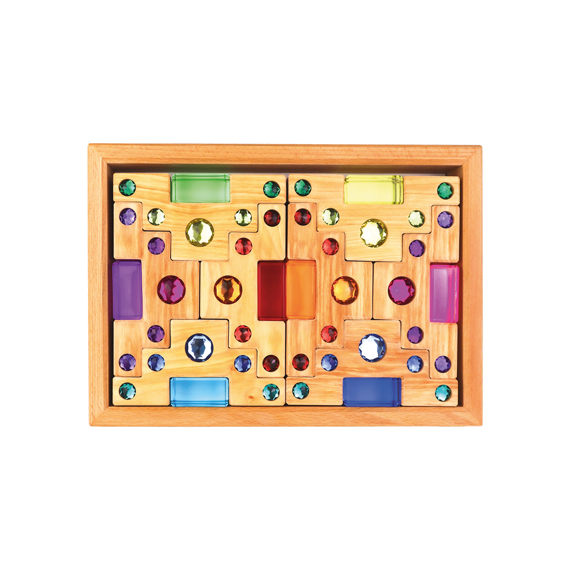 BAUSPIEL Farbtreppenklötze natur mit Lichtbauquadern im Holzrahmen (32 Teile)