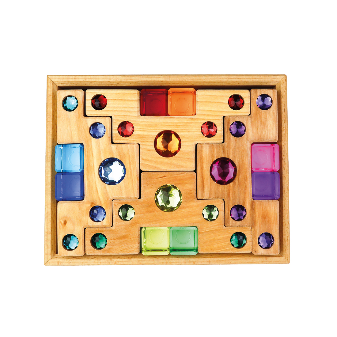 BAUSPIEL Farbtreppenklötze natur mit Lichtbauquadern im Holzrahmen (16 Teile)